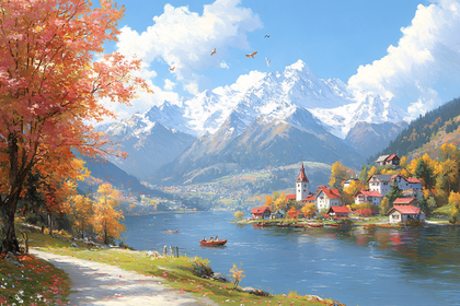 Autumn Village by Lake