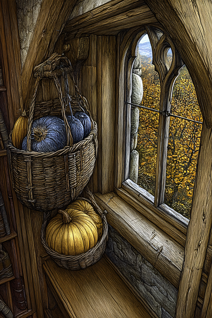 Autumnal Still Life with Pumpkins and Window