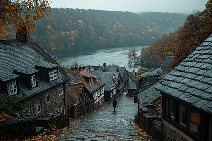 Autumnal Village Scene by the River