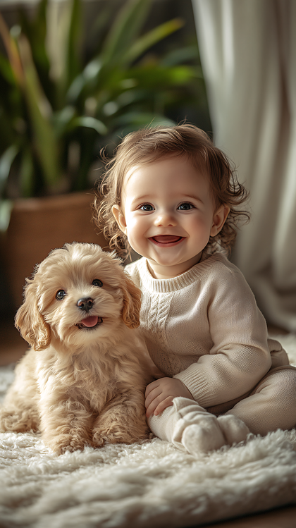 Baby And Puppy On A Fur Rug