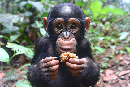Baby Chimpanzee Eating With Spoon