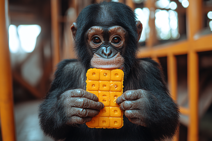 Baby Chimpanzee Holding Toy