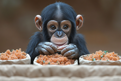 Baby Chimpanzee with Food Bowls