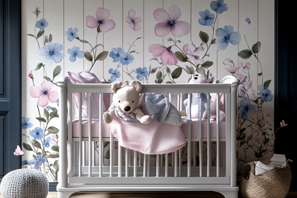 Baby Crib with Teddy Bears and Floral Wallpaper