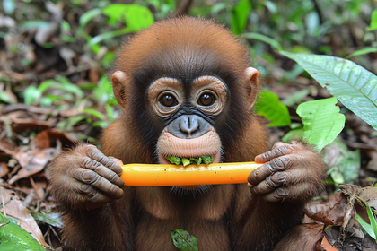Baby Orangutan Enjoying a Meal