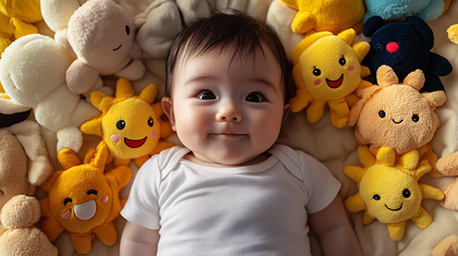 Baby Smiles Amongst Sun Plush Toys