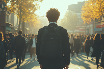 Back View Of Man Walking On Crowded Street