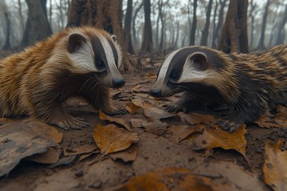 Badgers Encounter In Misty Forest