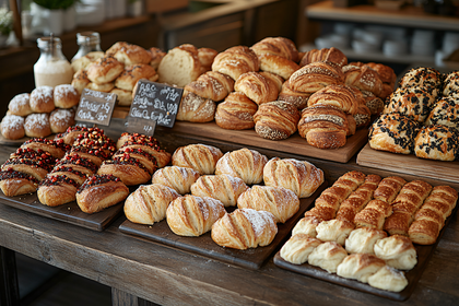 Bakery Display with Assorted Bread and Pastries
