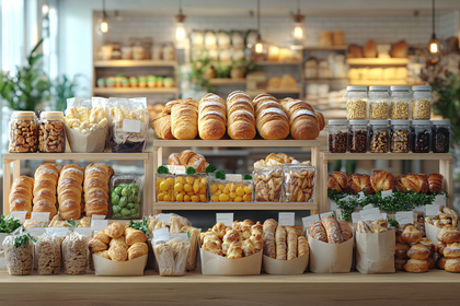 Bakery Display With Fresh Bread And Pastries
