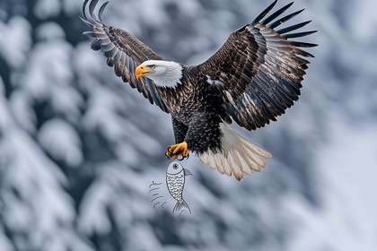 Bald Eagle Catching Cartoon Fish In Flight