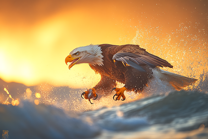 Bald Eagle Catching Fish at Sunset