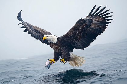 Bald Eagle Catching Fish Over Ocean