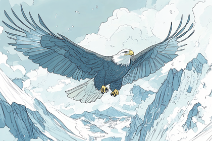 Bald Eagle in Flight Over Snowy Mountains