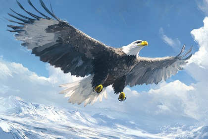 Bald Eagle Soaring Above Snowy Peaks