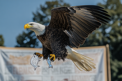 Bald Eagle Soaring with Paper Fish