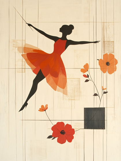 Ballerina In Red Dress Silhouette With Flowers
