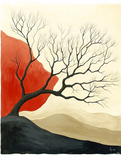 Bare Tree and Red Sun Landscape