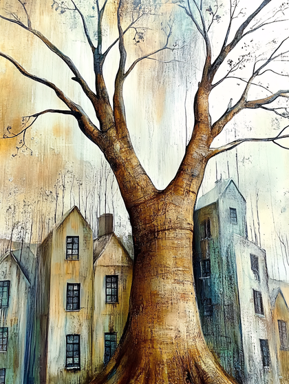 Bare Tree and Stylized Houses