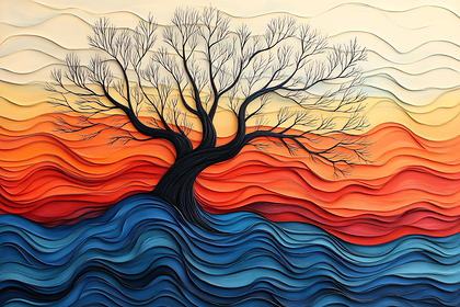 Bare Tree Over Sunset and Waves