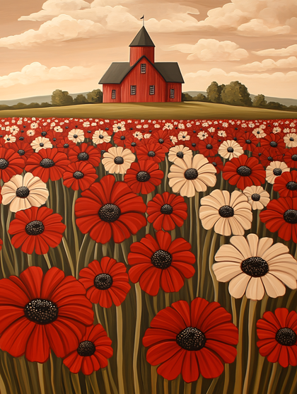 Barn Amidst Flower Field In Countryside
