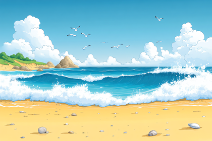 Beach Scene With Waves And Seagulls