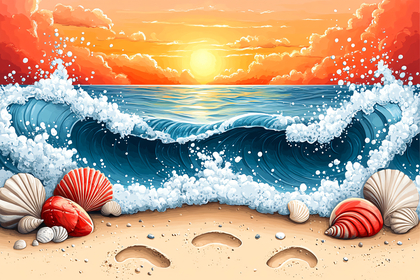 Beach Sunset with Waves and Seashells