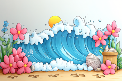Beach Wave and Flower Scene
