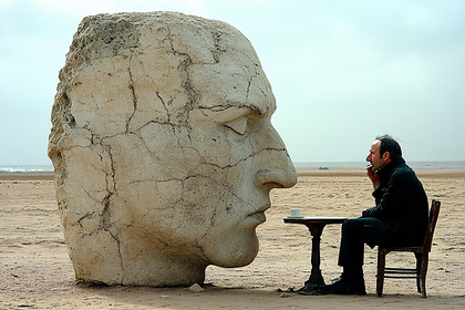 Beachside Contemplation with Stone Head