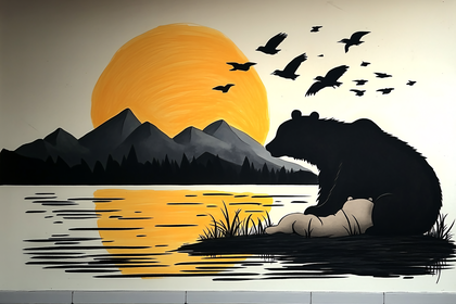 Bear and Cub by Lake at Sunset