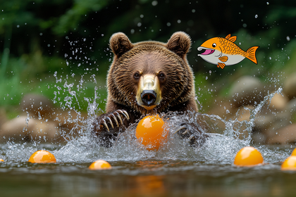 Bear Playing With Oranges In Water