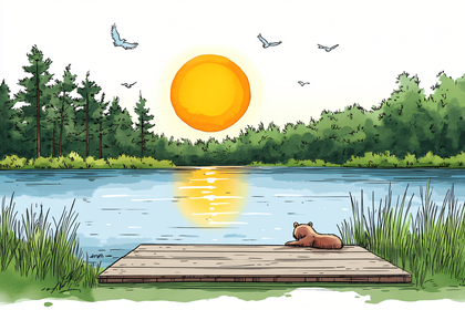 Bear Relaxing on Dock by Lake at Sunset