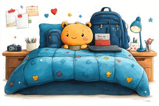 Cozy Bedroom Illustration with Bear and Backpack