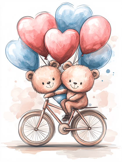 Bears on Bicycle with Heart Balloons