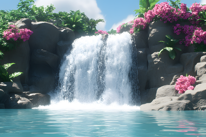 Beautiful Waterfall With Pink Flowers