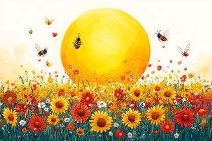 Bees in a Flower Field Under the Sun