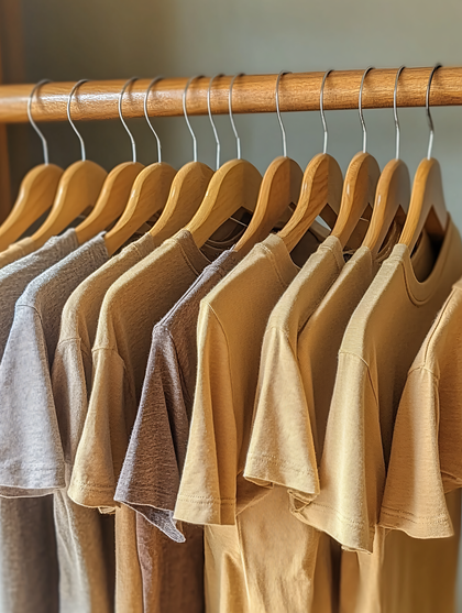 Beige T-Shirts on Wooden Rack