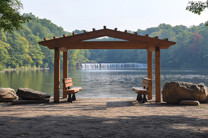Benches Under Wooden Pergola Overlooking Lake And Waterfall
