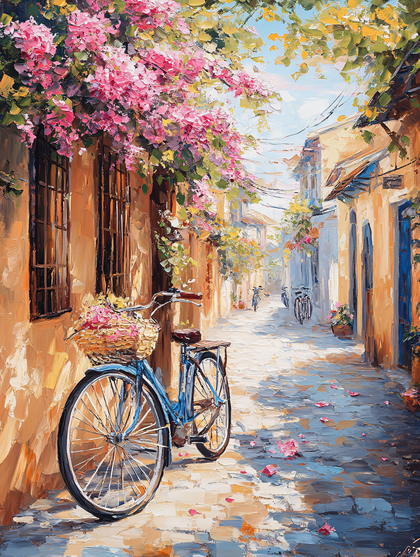 Bicycle With Flowers On Sunny Street