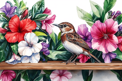Bird Among Flowers Watercolor