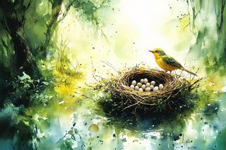 Bird and Nest in Forest