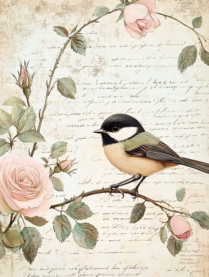 Bird and Roses on Script Background