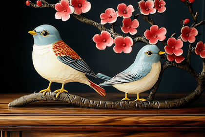 Bird Figurines with Cherry Blossoms