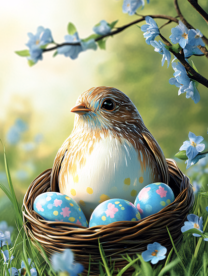 Bird In Nest With Easter Eggs