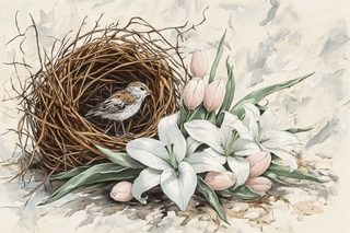 Bird in Nest with Lilies