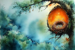 Bird Nest In Tree Watercolor