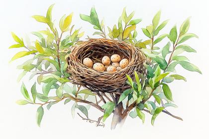 Bird Nest With Eggs Watercolor