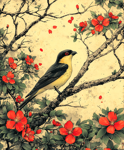 Bird On A Branch With Flowers