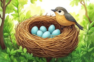 Bird On Nest With Blue Eggs