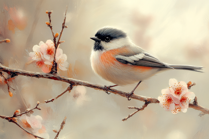 Bird Perched on Blossoming Branch